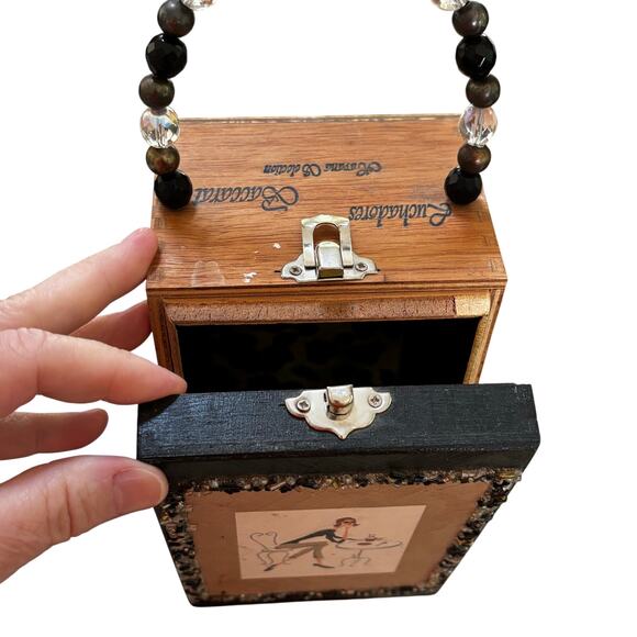 Cigar box purse hand made top handle bag painted beaded lined black tan wood - Picture 7 of 10